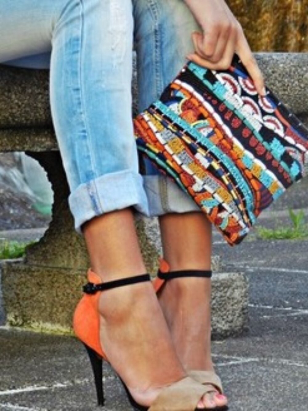 NEW Zara Colorblock Suede Ankle Strap Stiletto Heels Sandals Orange Black 37 6.5